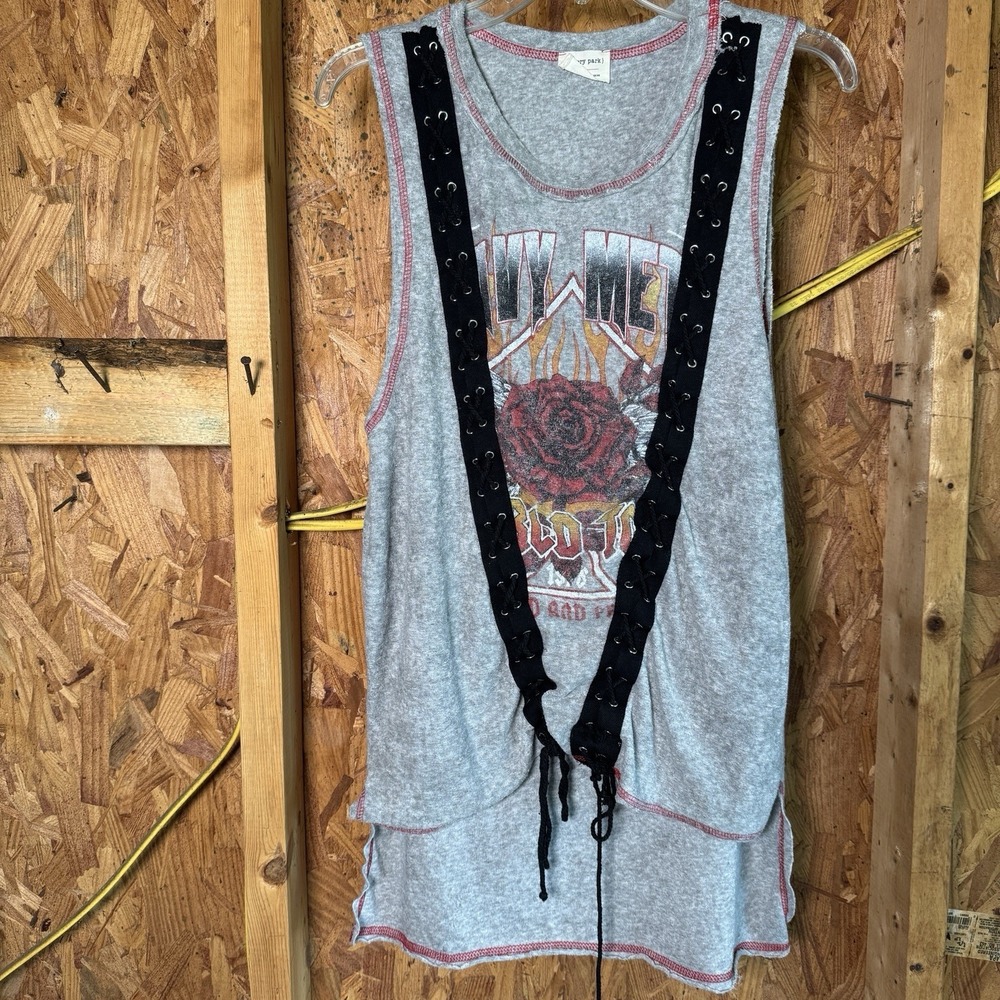 Emory Park Moto Graphic Tank Top Gray Cotton Grunge Biker Edgy Made in USA Small